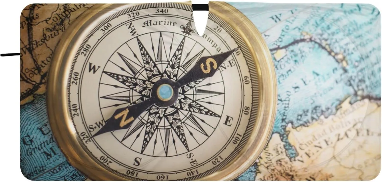 Old Retro Compass on Old Map Travel Geography Navigation Custom Auto Car Front Sunshade, Windshield Automobile Foldable Sunshade Cover with Storage Bag, Summer Heat Protection (Small)