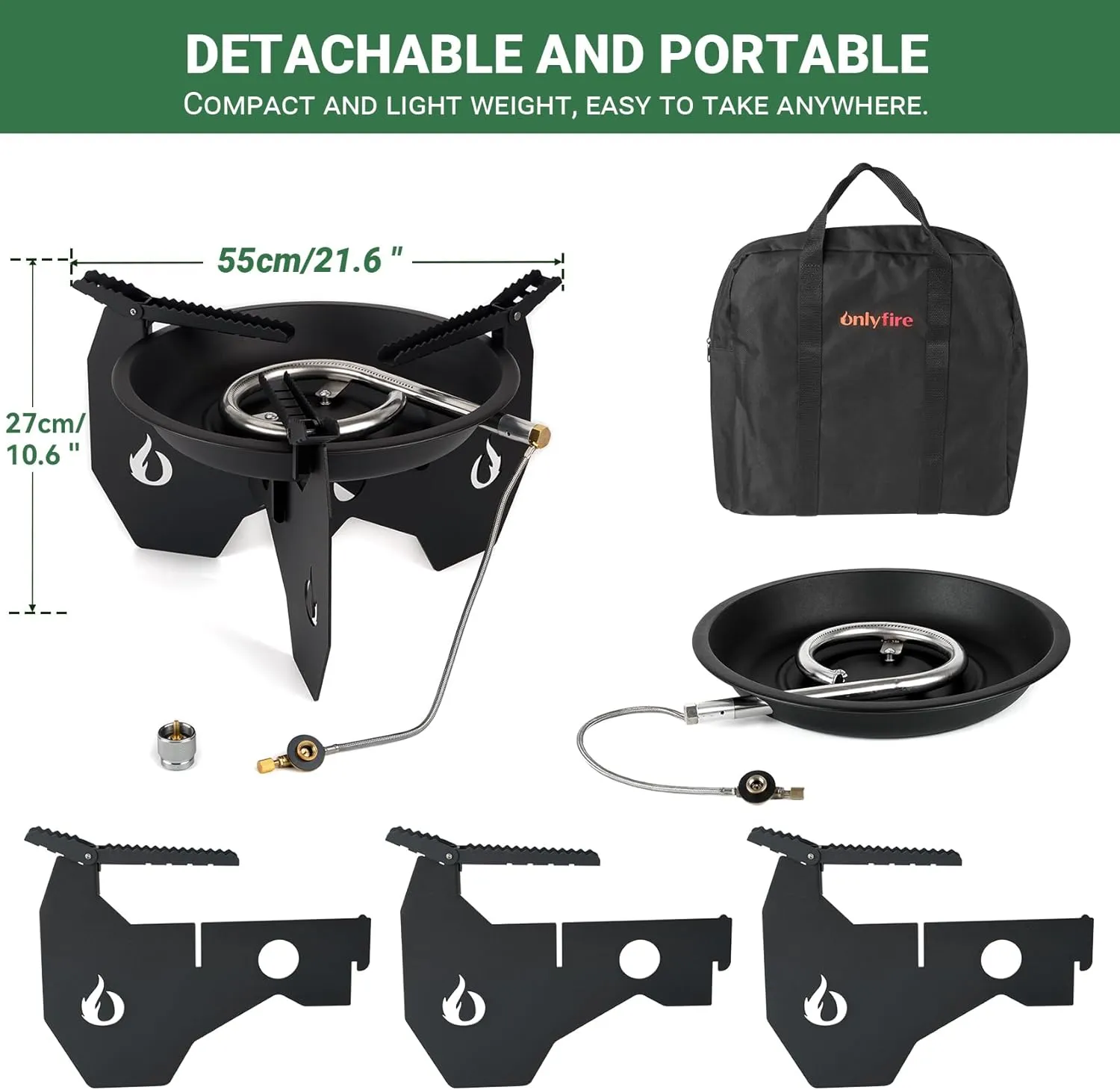 ONLYFIRE Portable Gas Camping Stove with Carry Bag, Dutch Oven Stand with Foldable Pot Brackets, Outdoor Propane Gas Stove for Camping Hiking Picnic Patio Cooking, GS341