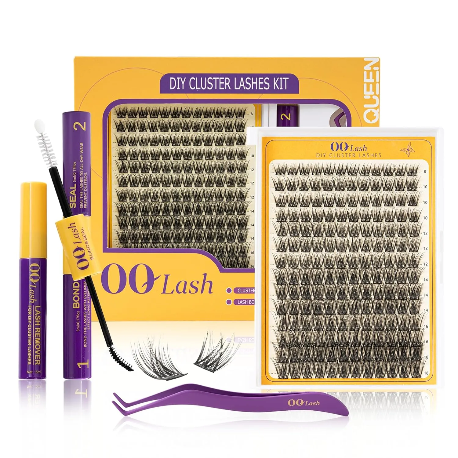 OQ Lash Extension Kit DIY 168pcs Lash Clusters, D Curl WideSpan, 8-18mm 16K Individual Lashes Kit with Lash Bond and Seal, Lash Tweezers for Self Use (16K, Mix 8-18mm, WideSpan, Kit)