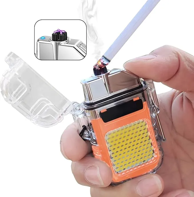 Outdoor Arc Electric Lighter USB Rechargeable Lighter LED Flashlight Double Arc Plasma Lighter Perfect for Camping Hiking Traveling (Orange)