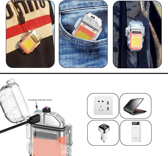 Outdoor Arc Electric Lighter USB Rechargeable Lighter LED Flashlight Double Arc Plasma Lighter Perfect for Camping Hiking Traveling (Orange)