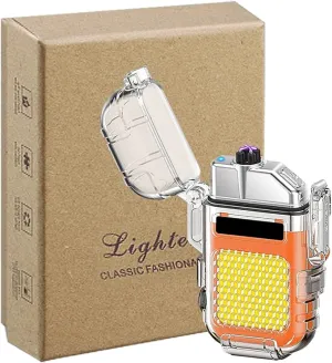 Outdoor Arc Electric Lighter USB Rechargeable Lighter LED Flashlight Double Arc Plasma Lighter Perfect for Camping Hiking Traveling (Orange)