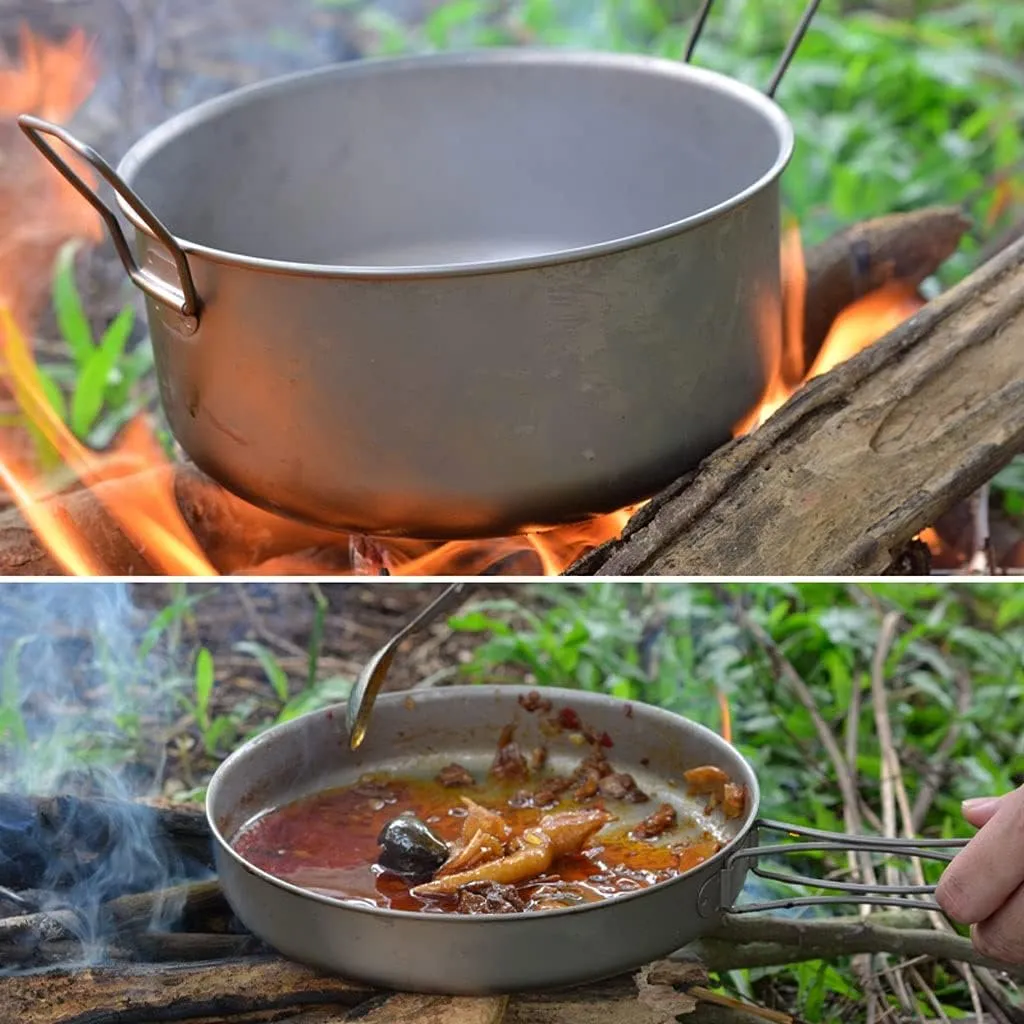 Outdoor Camping Camping Cooker Set Pure Titanium Fried Soup Set Lightweight Pot Pan for Backpacking Camping Cookware Kit Outdoors Kitchen Adventures Picnics (Onecolor A)