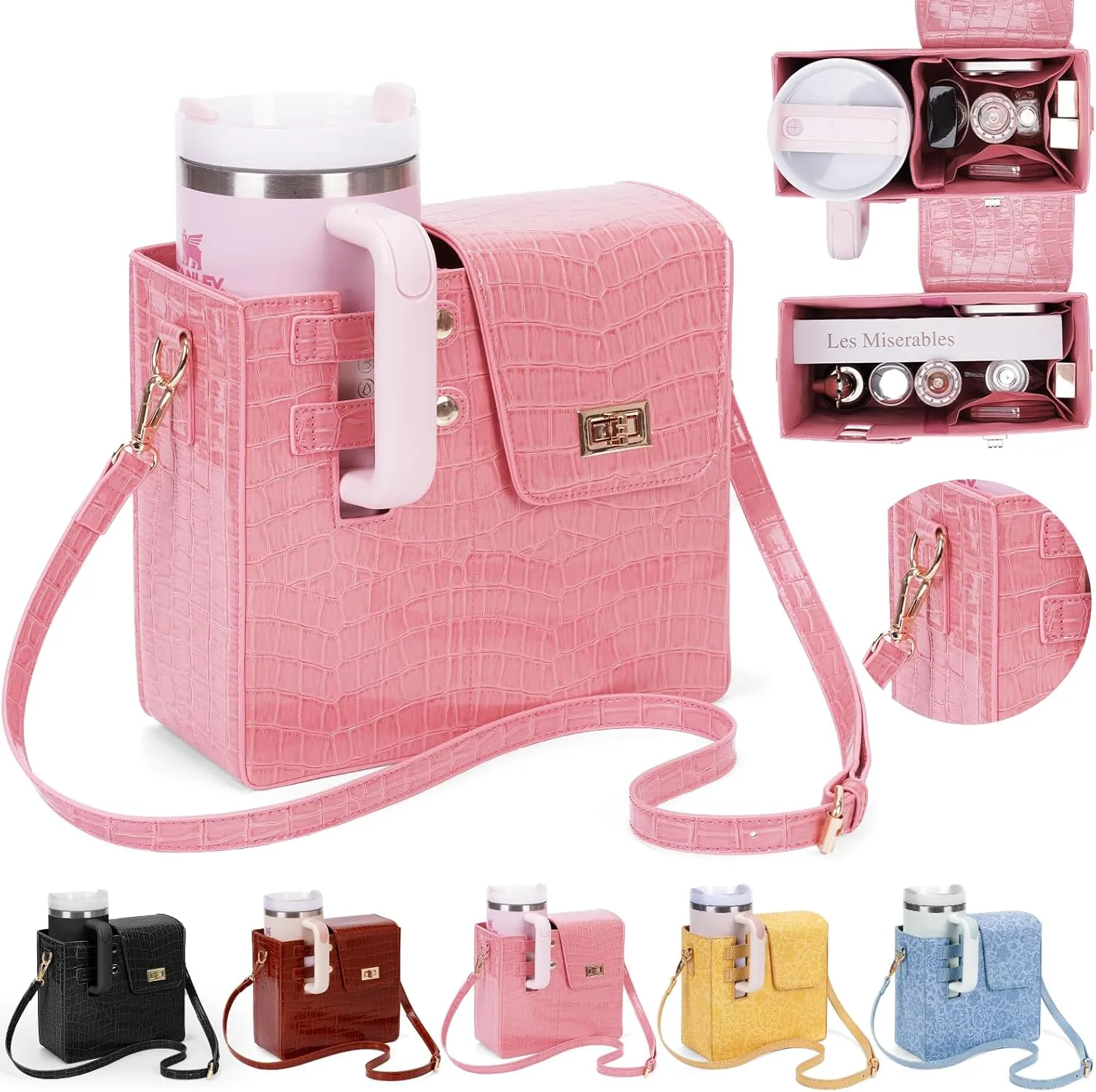 Outdoor Portable Crossbody Water Cup Storage Bag,Wear-Resistant Water Bottle Bag for Stanley 40 oz Tumble (pink(PU))