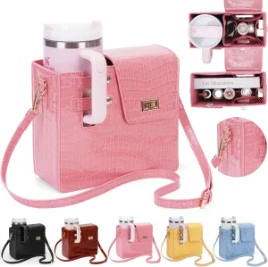 Outdoor Portable Crossbody Water Cup Storage Bag,Wear-Resistant Water Bottle Bag for Stanley 40 oz Tumble (pink(PU))