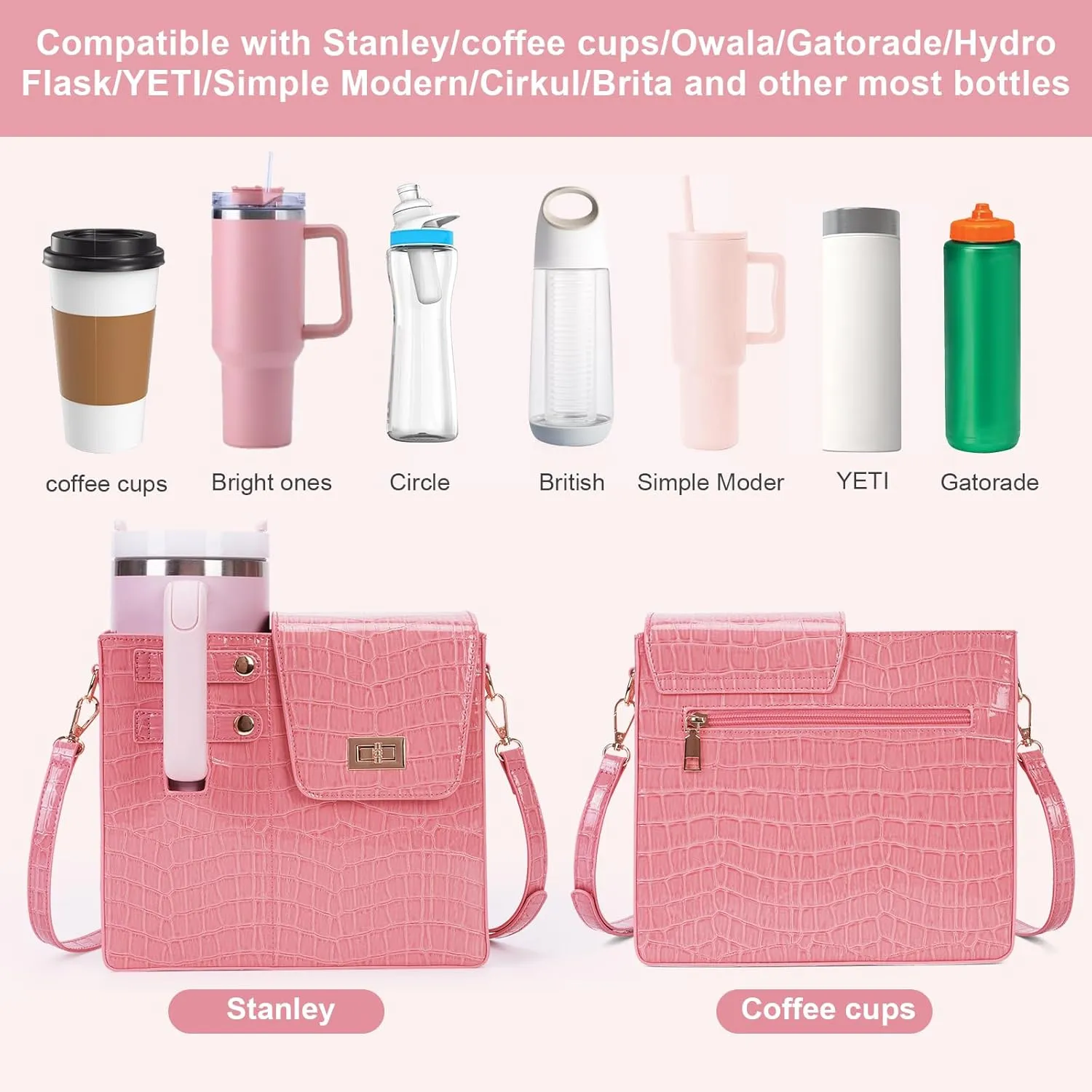 Outdoor Portable Crossbody Water Cup Storage Bag,Wear-Resistant Water Bottle Bag for Stanley 40 oz Tumble (pink(PU))