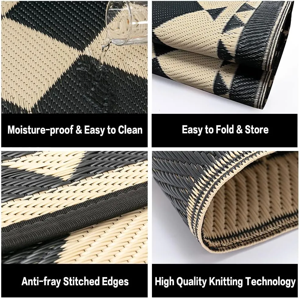 Outdoor Rug for Patios Clearance,Waterproof Mat,Large Outside Carpet,Reversible Plastic Straw Camping Rugs,Rv,Porch,Deck,Camper,Balcony,Backyard (8x10,Checkered/Black&Beige)