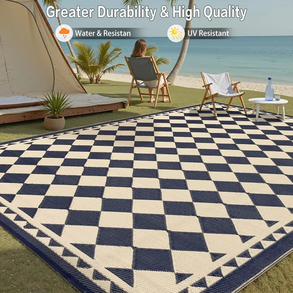 Outdoor Rug for Patios Clearance,Waterproof Mat,Large Outside Carpet,Reversible Plastic Straw Camping Rugs,Rv,Porch,Deck,Camper,Balcony,Backyard (8x10,Checkered/Black&Beige)