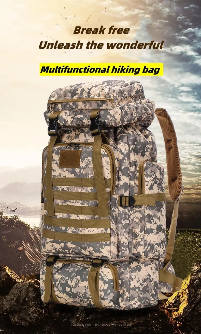 Outdoor Sports Hiking Backpack 80L Large Capacity Waterproof Camouflage Mountaineering Bag Casual Tactical Backpack (Camouflage plateau)