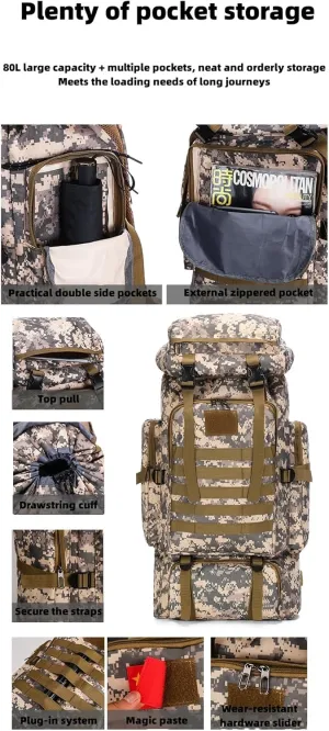 Outdoor Sports Hiking Backpack 80L Large Capacity Waterproof Camouflage Mountaineering Bag Casual Tactical Backpack (Camouflage plateau)