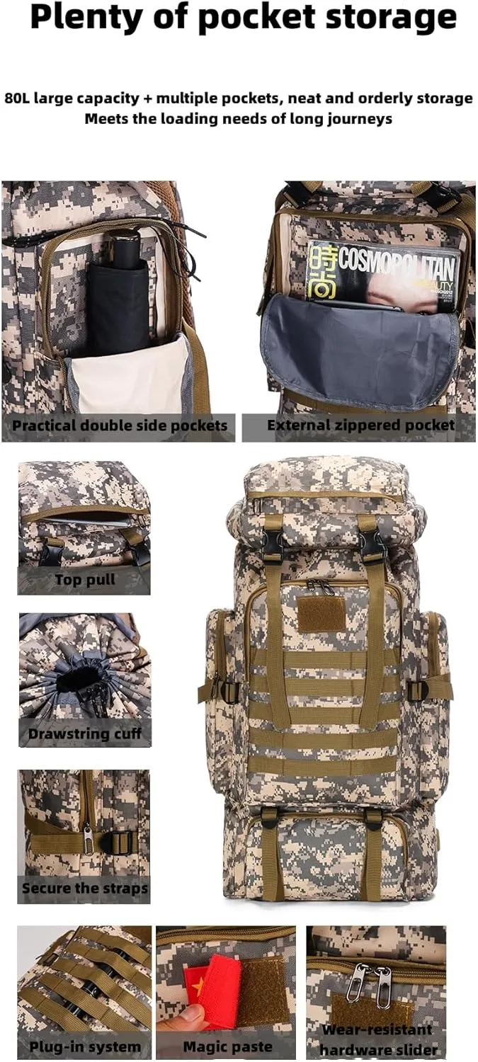 Outdoor Sports Hiking Backpack 80L Large Capacity Waterproof Camouflage Mountaineering Bag Casual Tactical Backpack (Camouflage plateau)