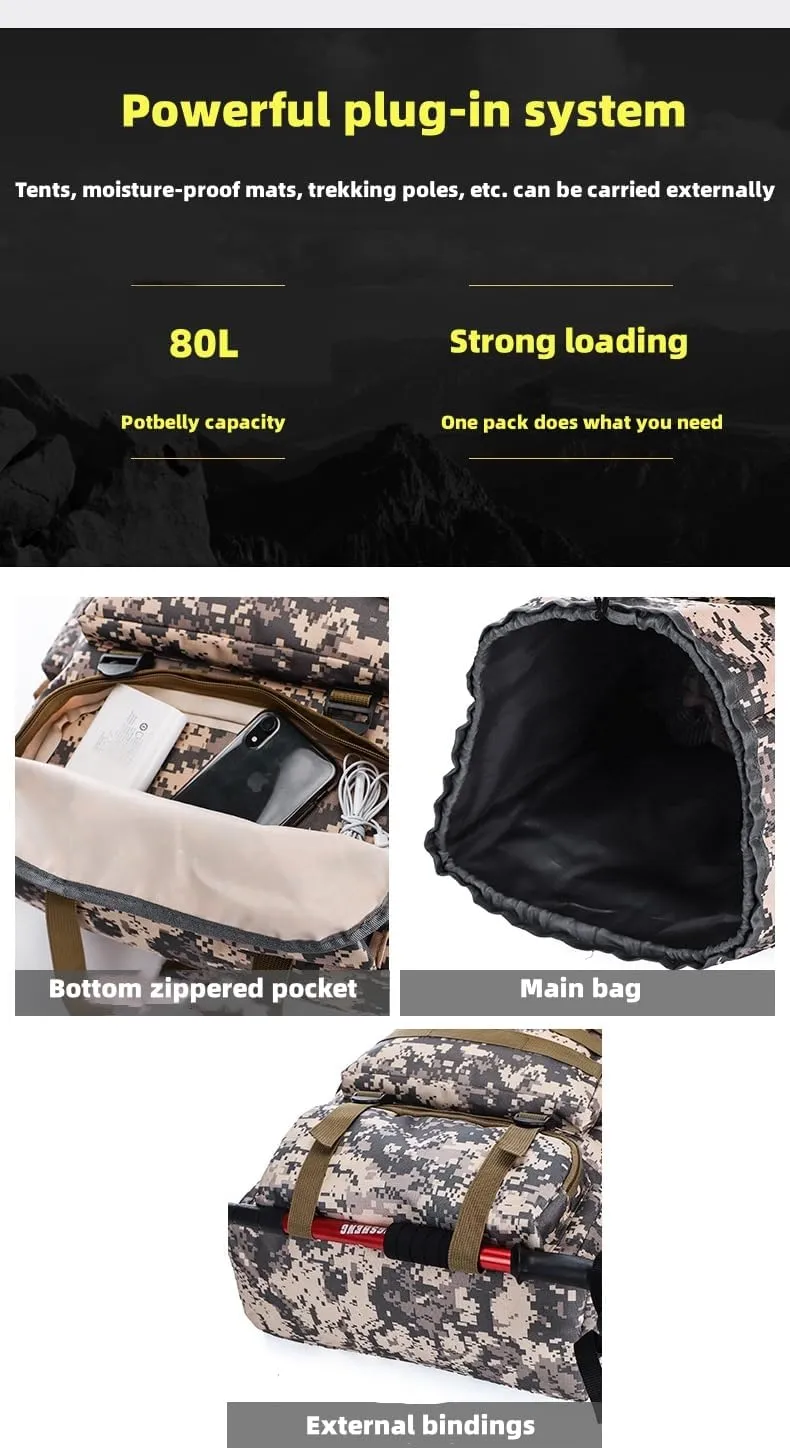 Outdoor Sports Hiking Backpack 80L Large Capacity Waterproof Camouflage Mountaineering Bag Casual Tactical Backpack (Camouflage plateau)