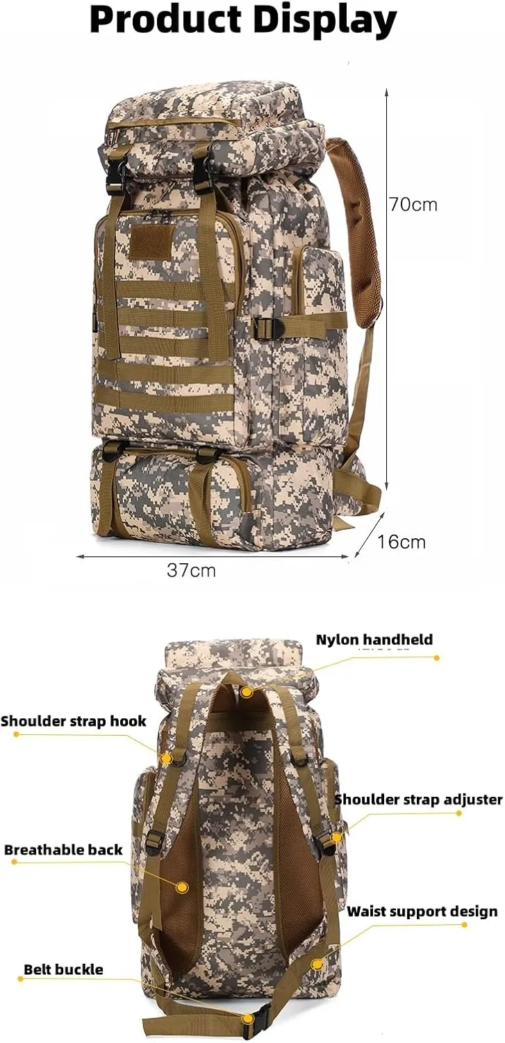 Outdoor Sports Hiking Backpack 80L Large Capacity Waterproof Camouflage Mountaineering Bag Casual Tactical Backpack (Camouflage plateau)