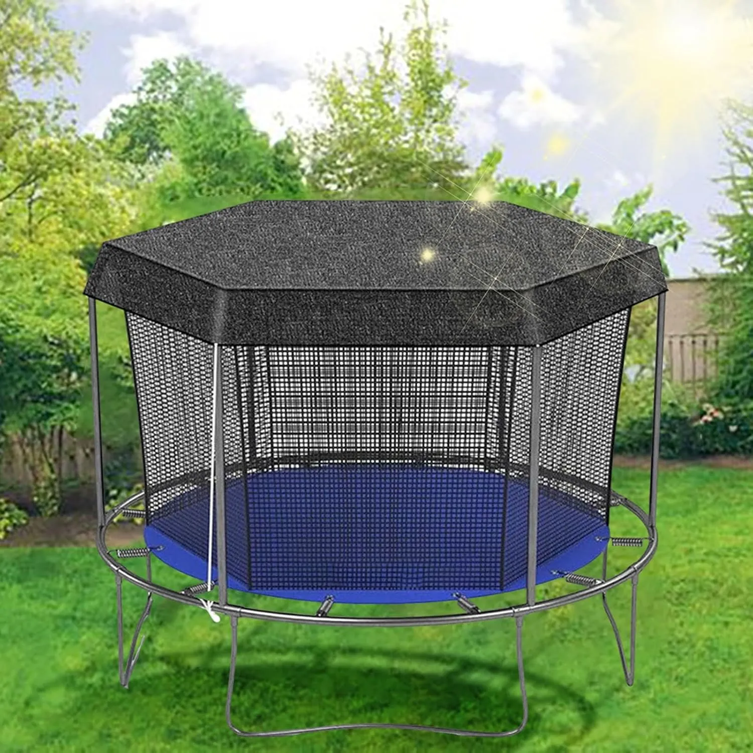 Outdoor Trampoline Cover Round Black Sunshade Tent Top - 90% UV Block Weather-Resistant Mesh with Elastic Cord & Plastic Hooks, 6-Hole Adjustable Straps for Frame Protection (10 inch)