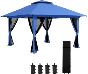 Outsunny 13' x 13' Pop Up Gazebo with Netting, UPF 50  Instant Canopy Tent Shelter with Water/Sand Bags, Wheeled Carry Bag, for Outdoor, Garden, Parties, Blue