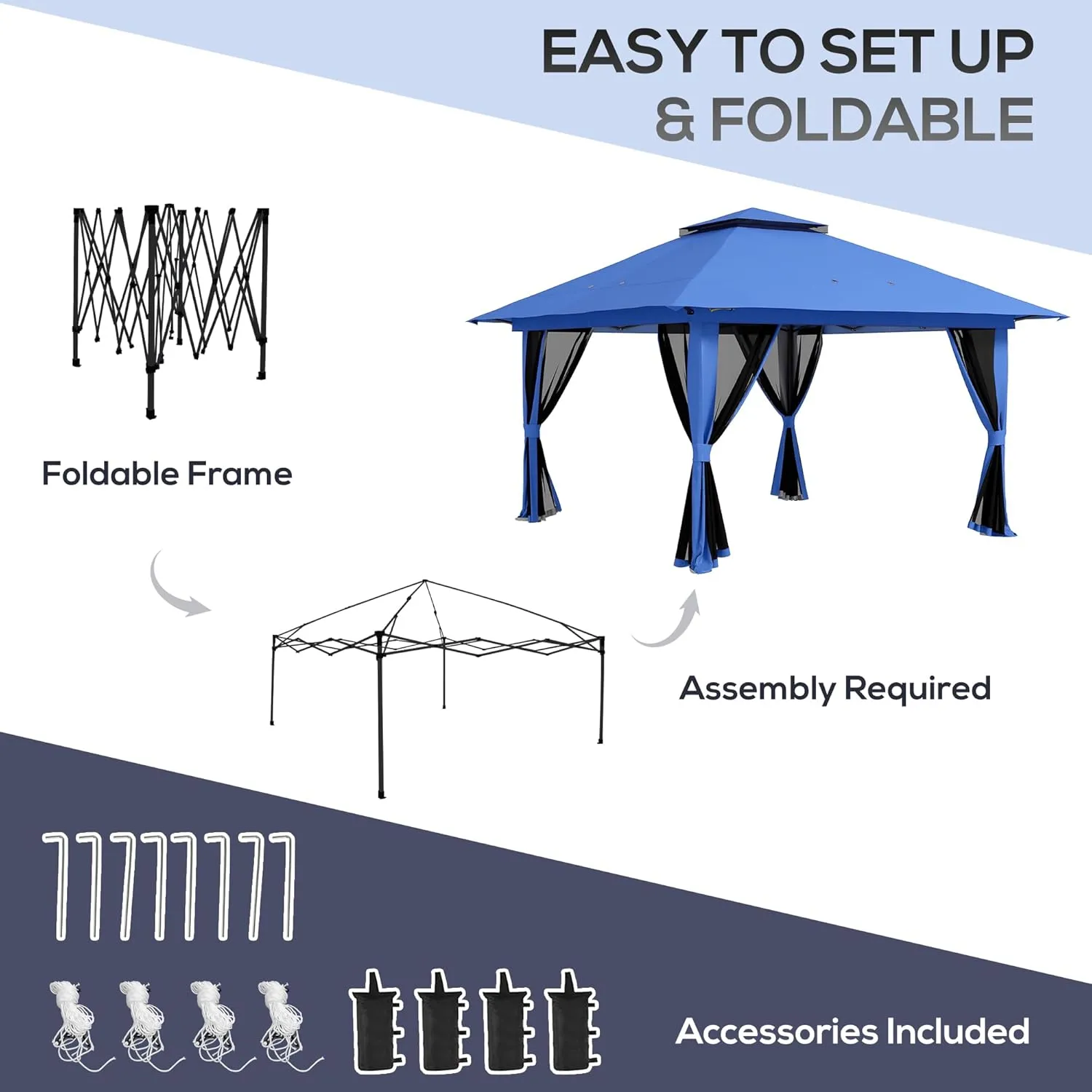 Outsunny 13' x 13' Pop Up Gazebo with Netting, UPF 50  Instant Canopy Tent Shelter with Water/Sand Bags, Wheeled Carry Bag, for Outdoor, Garden, Parties, Blue