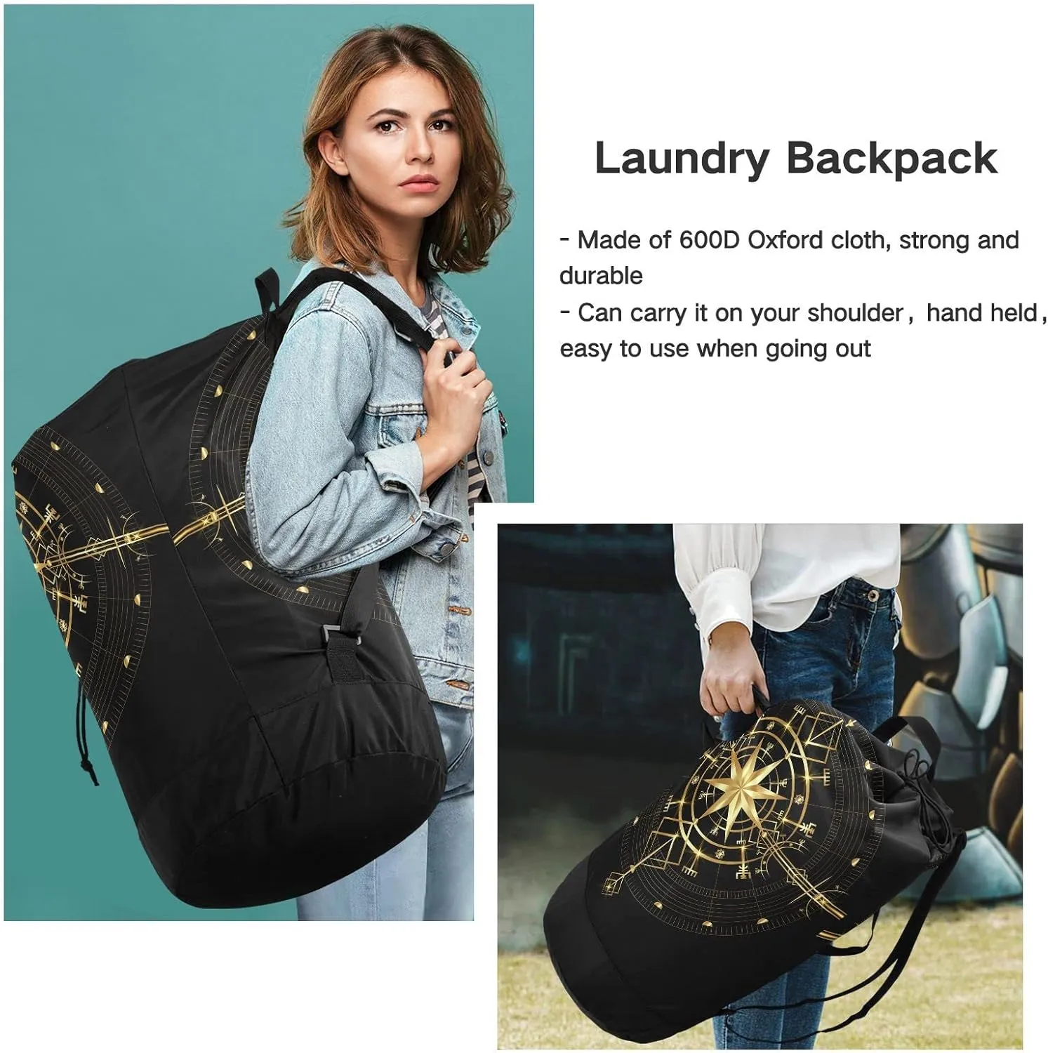 Oyihfvs Magic Ancient Wind Rose Magic Navigation Gold Compass Backpack Laundry Bag, Laundry Backpack with Shoulder Straps, Waterproof Nylon Clothes Hamper Bag for Men Women Yoga Backpack