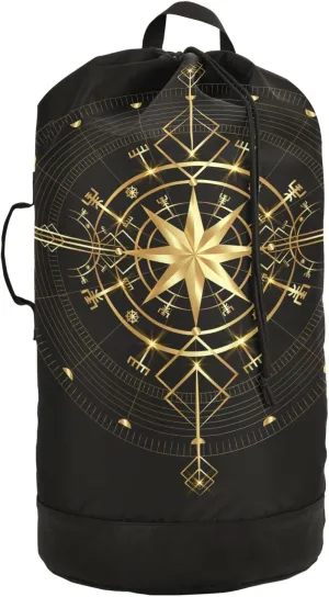 Oyihfvs Magic Ancient Wind Rose Magic Navigation Gold Compass Backpack Laundry Bag, Laundry Backpack with Shoulder Straps, Waterproof Nylon Clothes Hamper Bag for Men Women Yoga Backpack