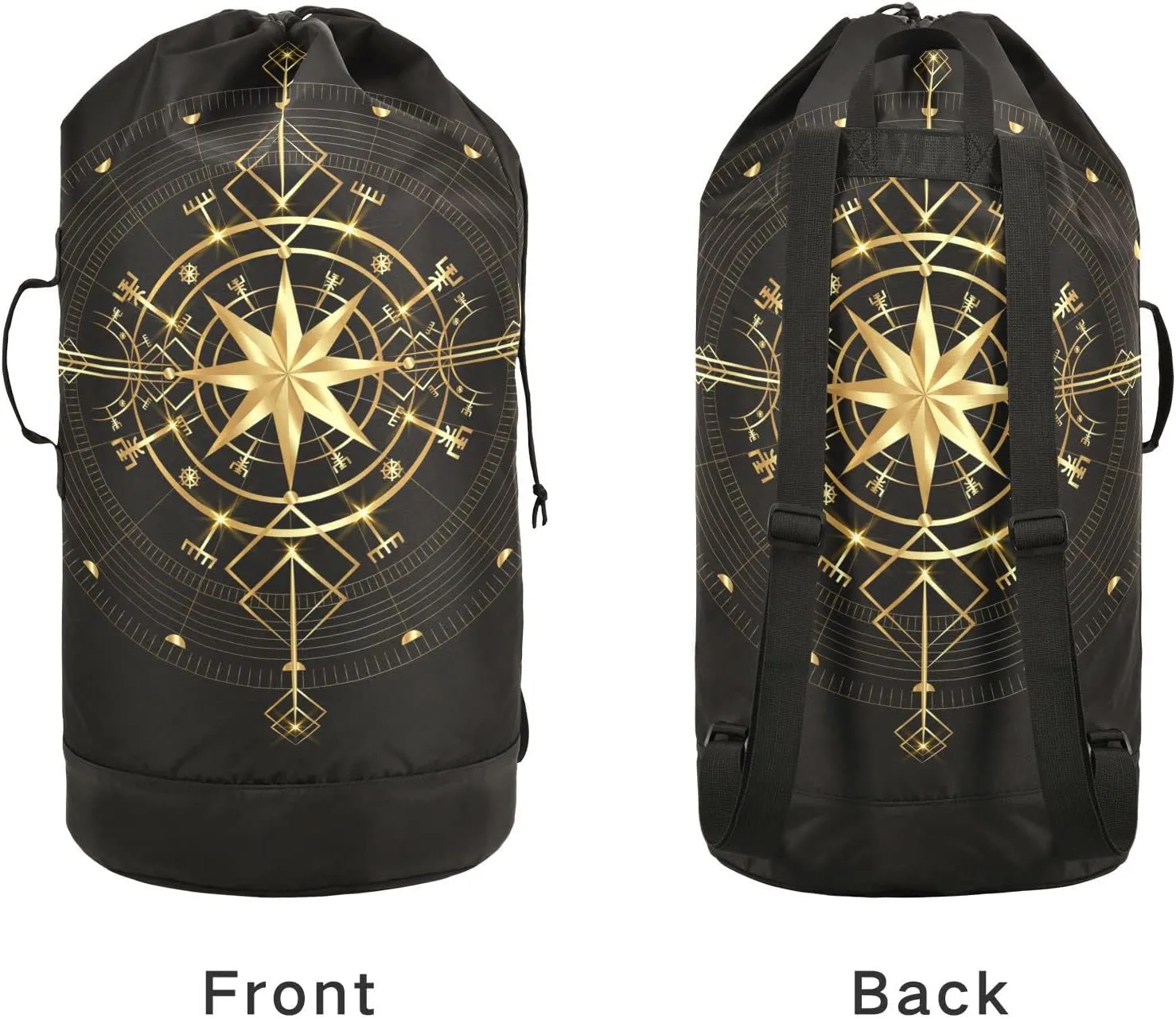 Oyihfvs Magic Ancient Wind Rose Magic Navigation Gold Compass Backpack Laundry Bag, Laundry Backpack with Shoulder Straps, Waterproof Nylon Clothes Hamper Bag for Men Women Yoga Backpack