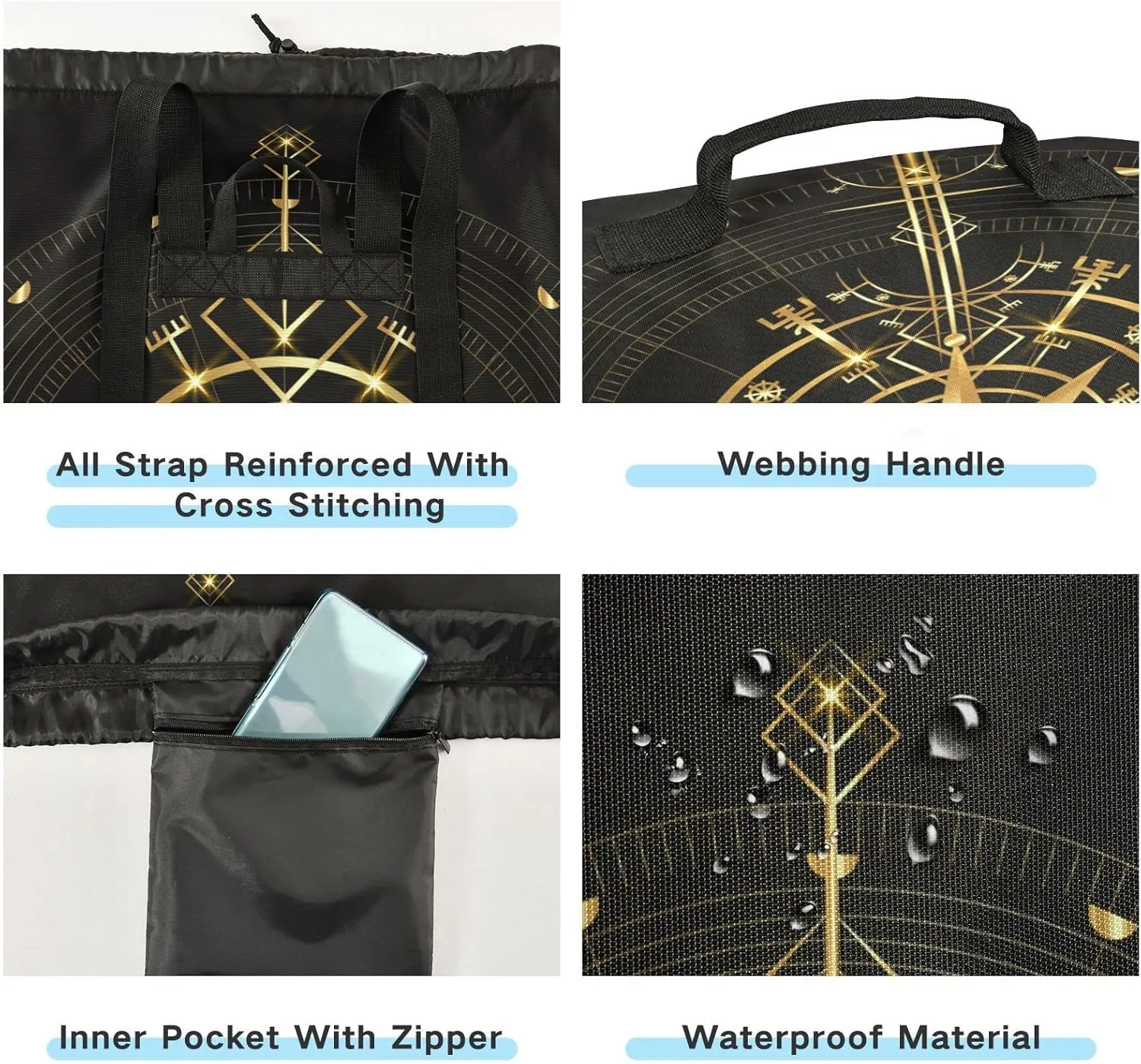 Oyihfvs Magic Ancient Wind Rose Magic Navigation Gold Compass Backpack Laundry Bag, Laundry Backpack with Shoulder Straps, Waterproof Nylon Clothes Hamper Bag for Men Women Yoga Backpack