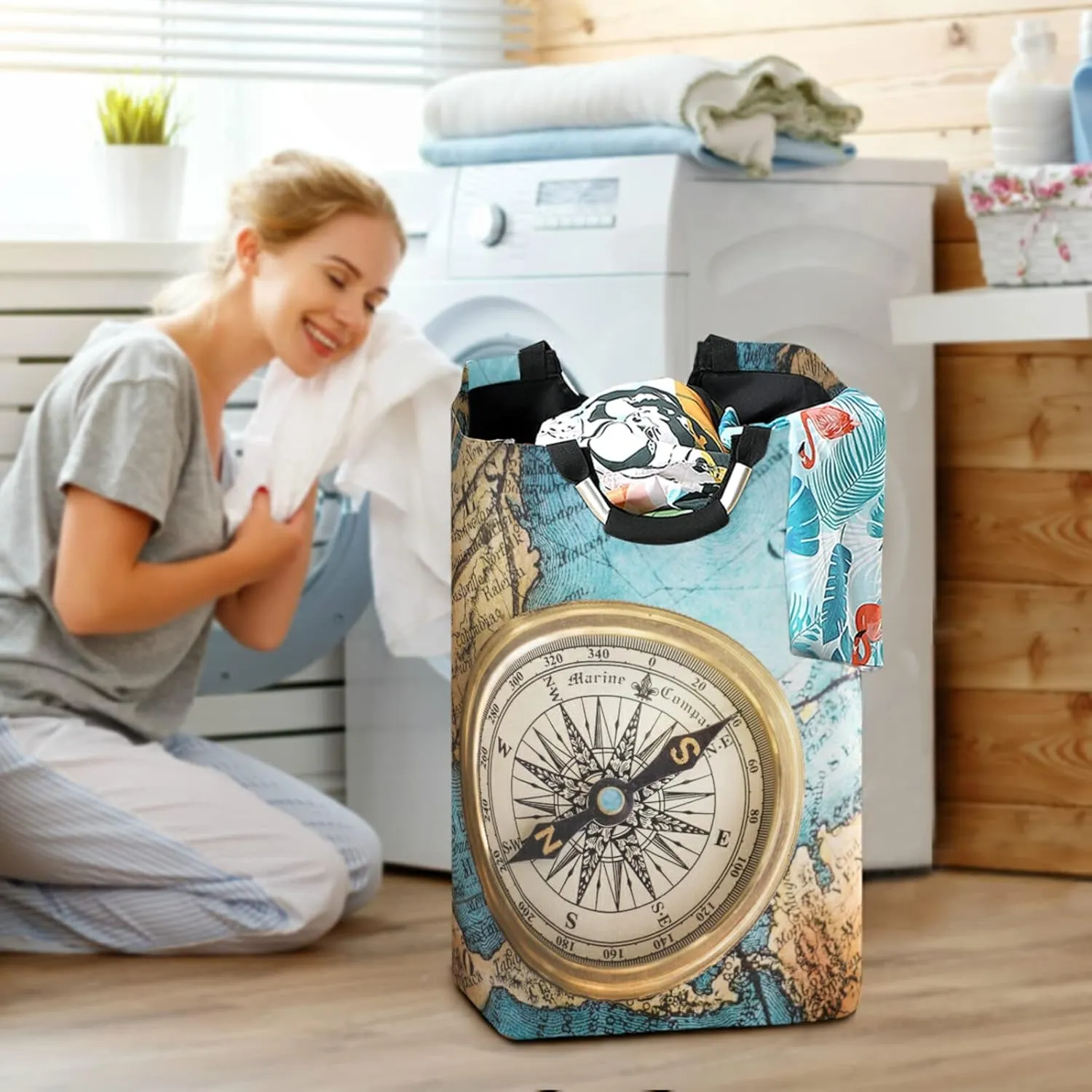 Oyihfvs Old Retro Compass on Old Map Travel Geography Navigation Laundry Hamper Basket Bucket, Foldable Dirty Clothes Bag, Waterproof Fabric Washing Bin, Toy Storage with Handles for Bathroom