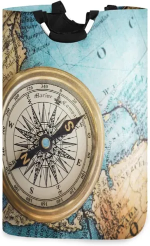 Oyihfvs Old Retro Compass on Old Map Travel Geography Navigation Laundry Hamper Basket Bucket, Foldable Dirty Clothes Bag, Waterproof Fabric Washing Bin, Toy Storage with Handles for Bathroom