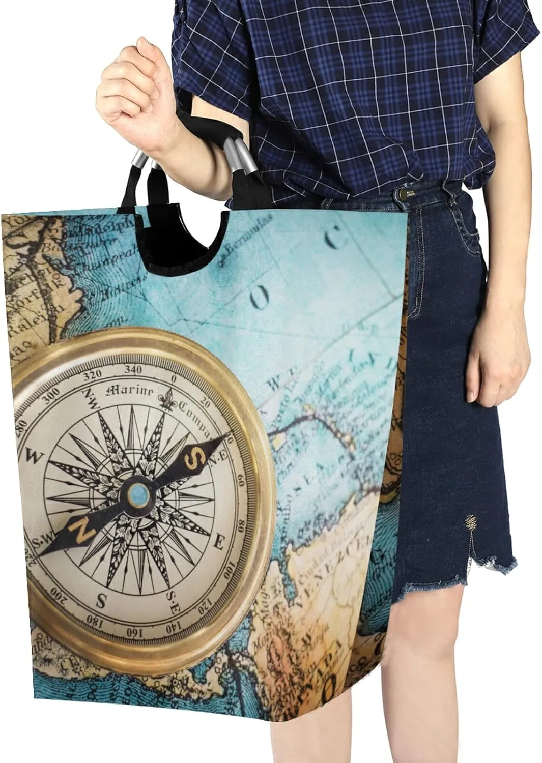 Oyihfvs Old Retro Compass on Old Map Travel Geography Navigation Laundry Hamper Basket Bucket, Foldable Dirty Clothes Bag, Waterproof Fabric Washing Bin, Toy Storage with Handles for Bathroom