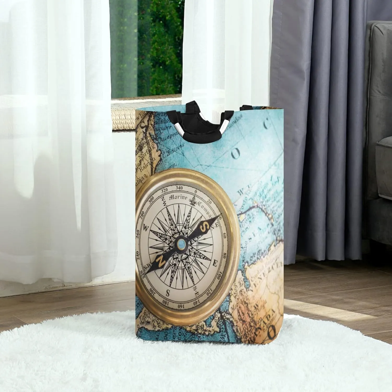 Oyihfvs Old Retro Compass on Old Map Travel Geography Navigation Laundry Hamper Basket Bucket, Foldable Dirty Clothes Bag, Waterproof Fabric Washing Bin, Toy Storage with Handles for Bathroom