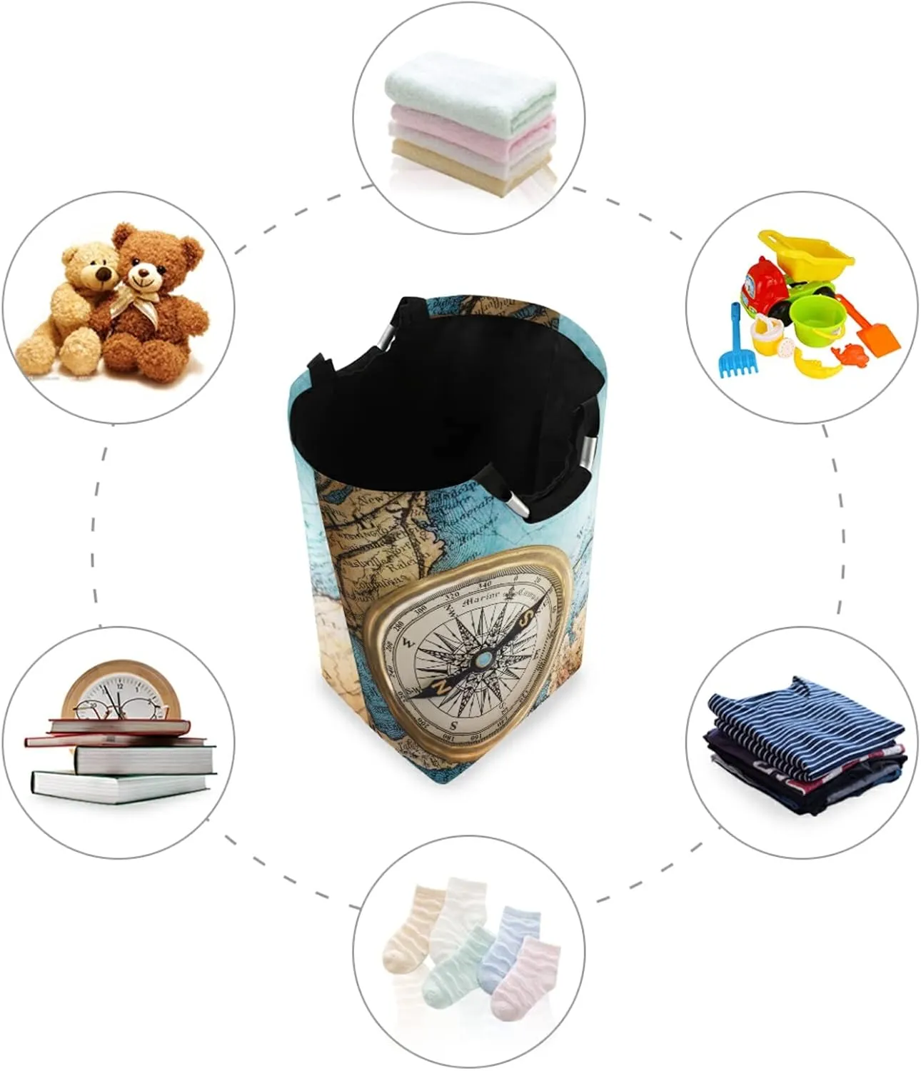 Oyihfvs Old Retro Compass on Old Map Travel Geography Navigation Laundry Hamper Basket Bucket, Foldable Dirty Clothes Bag, Waterproof Fabric Washing Bin, Toy Storage with Handles for Bathroom