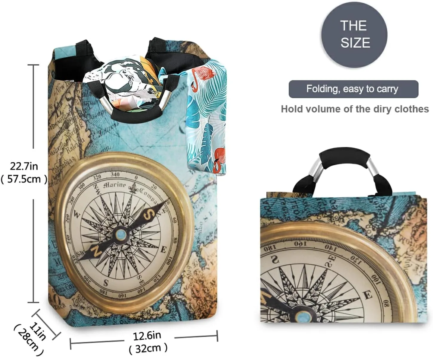 Oyihfvs Old Retro Compass on Old Map Travel Geography Navigation Laundry Hamper Basket Bucket, Foldable Dirty Clothes Bag, Waterproof Fabric Washing Bin, Toy Storage with Handles for Bathroom