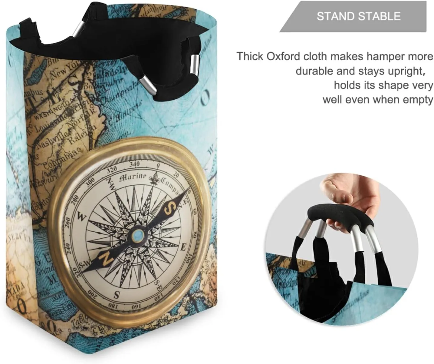 Oyihfvs Old Retro Compass on Old Map Travel Geography Navigation Laundry Hamper Basket Bucket, Foldable Dirty Clothes Bag, Waterproof Fabric Washing Bin, Toy Storage with Handles for Bathroom