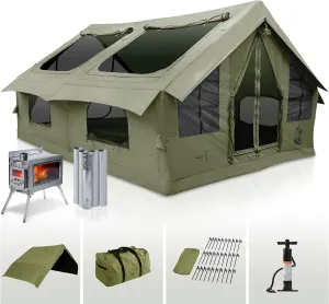 Panda Inflatable Tents for Camping with Stove Jack, Canvas Blow Up Tent 2-4-6 person,Easy Setup Inflatable Tent,Waterproof Hot House, Casa de Campaña with Pump Stove (Forest Green, Large)
