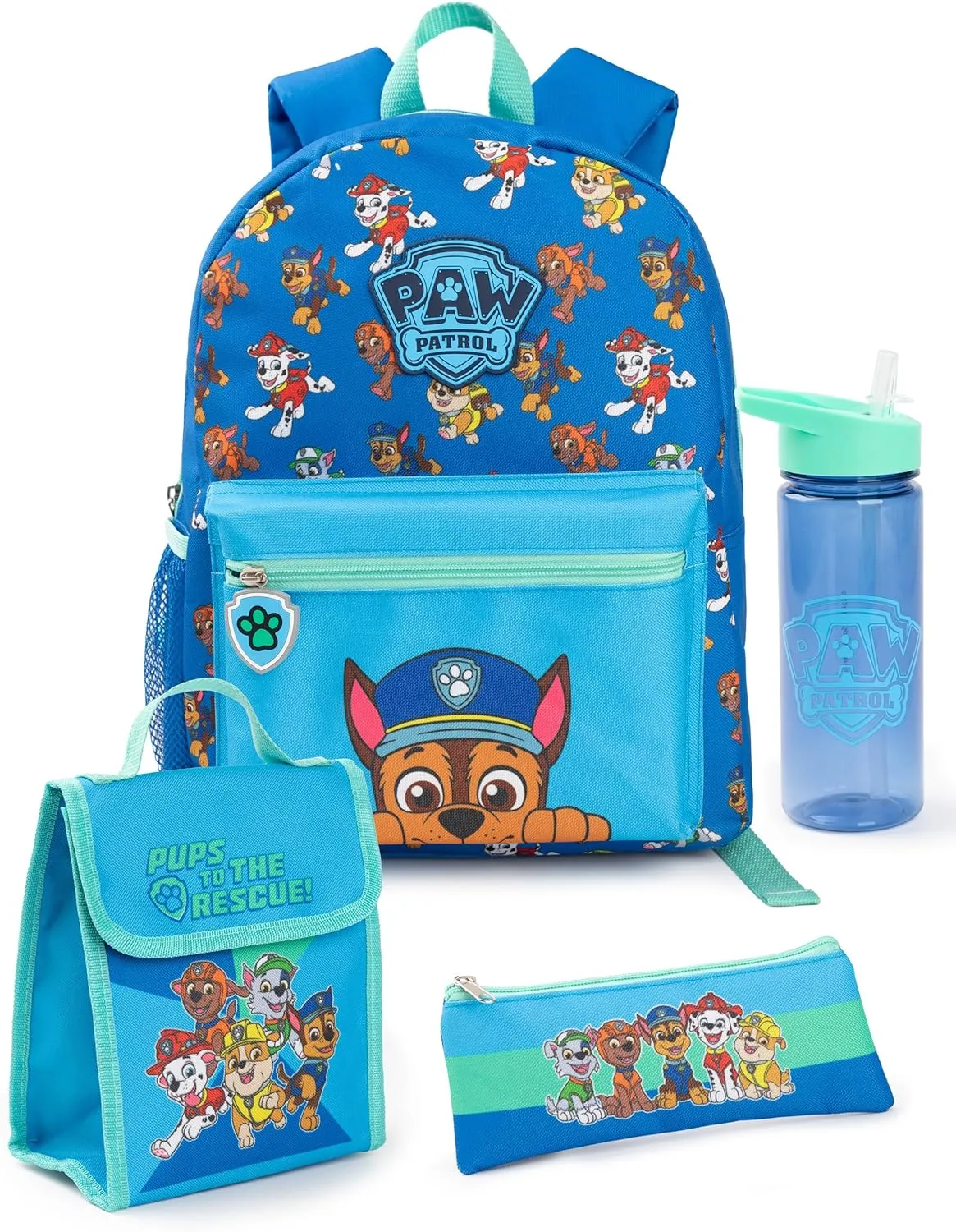 Paw Patrol Boys Backpack Set | Kids 4 Piece Blue & Green Rucksack Bundle with School Bag, Pencil Case, Lunch Bag & Water Bottle | Chase Dog Crew Graphic Complete Matching Set | Back to School Gifts