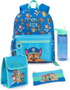 Paw Patrol Boys Backpack Set | Kids 4 Piece Blue & Green Rucksack Bundle with School Bag, Pencil Case, Lunch Bag & Water Bottle | Chase Dog Crew Graphic Complete Matching Set | Back to School Gifts