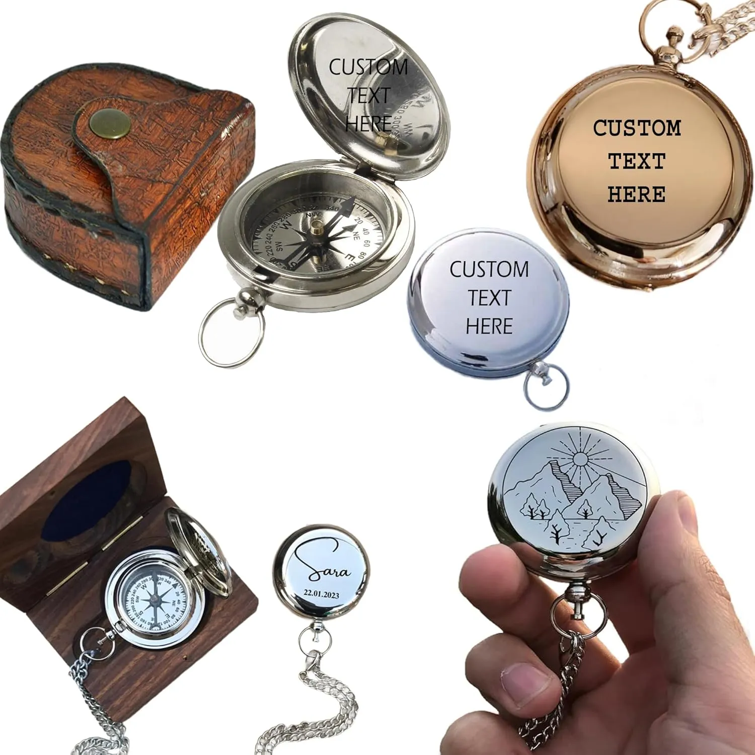 Personalized Brass Compass with Leather Case (Silver)
