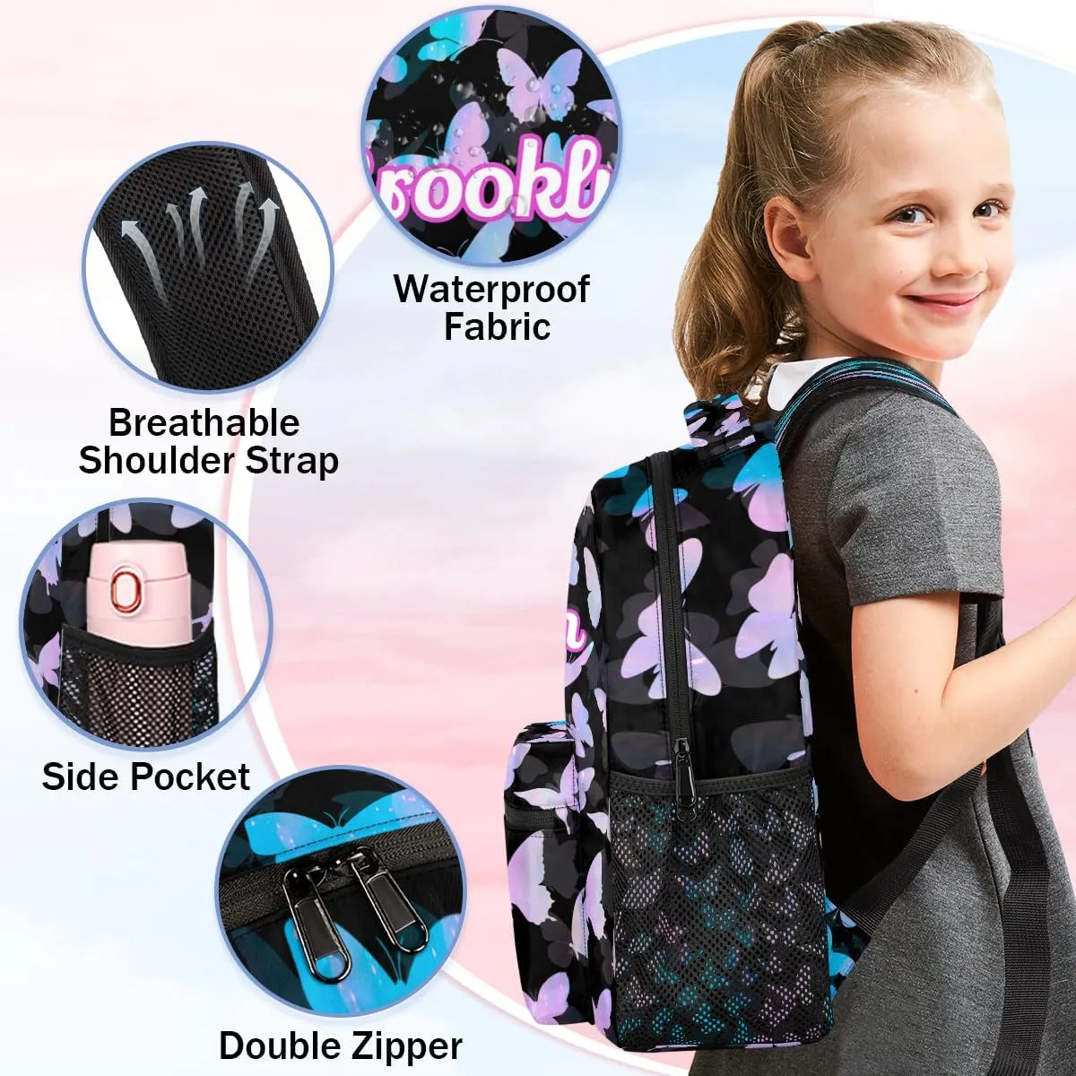 Personalized Butterfly Backpack with Name Custom Shoulder Bags for Women Men Waterproof Travel Casual Daypack Laptop Bag Gifts 16in, Blue Pink Glitter