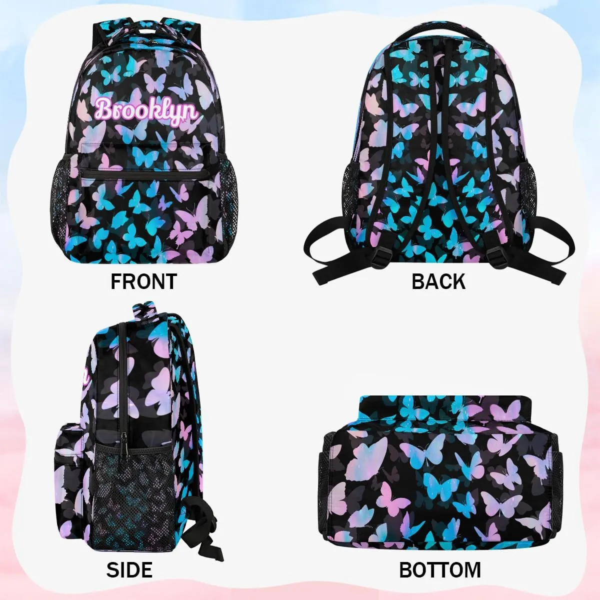 Personalized Butterfly Backpack with Name Custom Shoulder Bags for Women Men Waterproof Travel Casual Daypack Laptop Bag Gifts 16in, Blue Pink Glitter