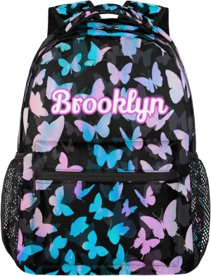 Personalized Butterfly Backpack with Name Custom Shoulder Bags for Women Men Waterproof Travel Casual Daypack Laptop Bag Gifts 16in, Blue Pink Glitter