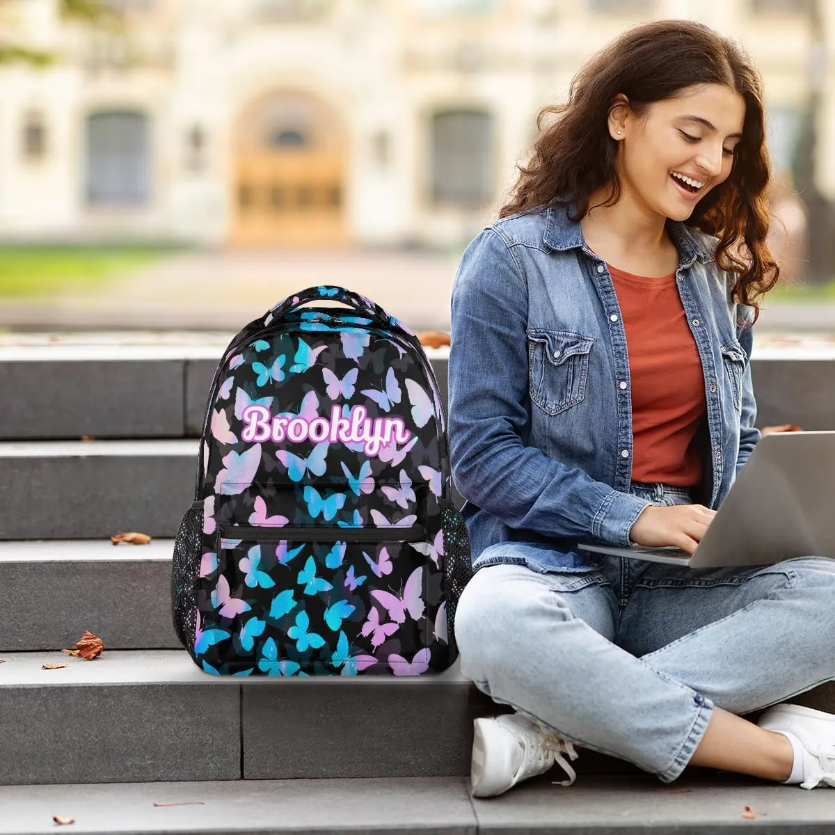 Personalized Butterfly Backpack with Name Custom Shoulder Bags for Women Men Waterproof Travel Casual Daypack Laptop Bag Gifts 16in, Blue Pink Glitter