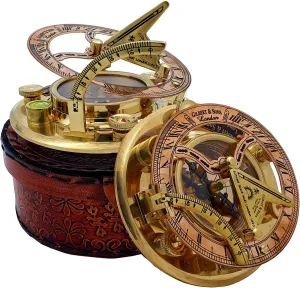 Personalized Engraved Antique Brass & Copper Sundial Compass, Sundial Clock in Leather Box Gift Sun Clock Ship Replica Watch