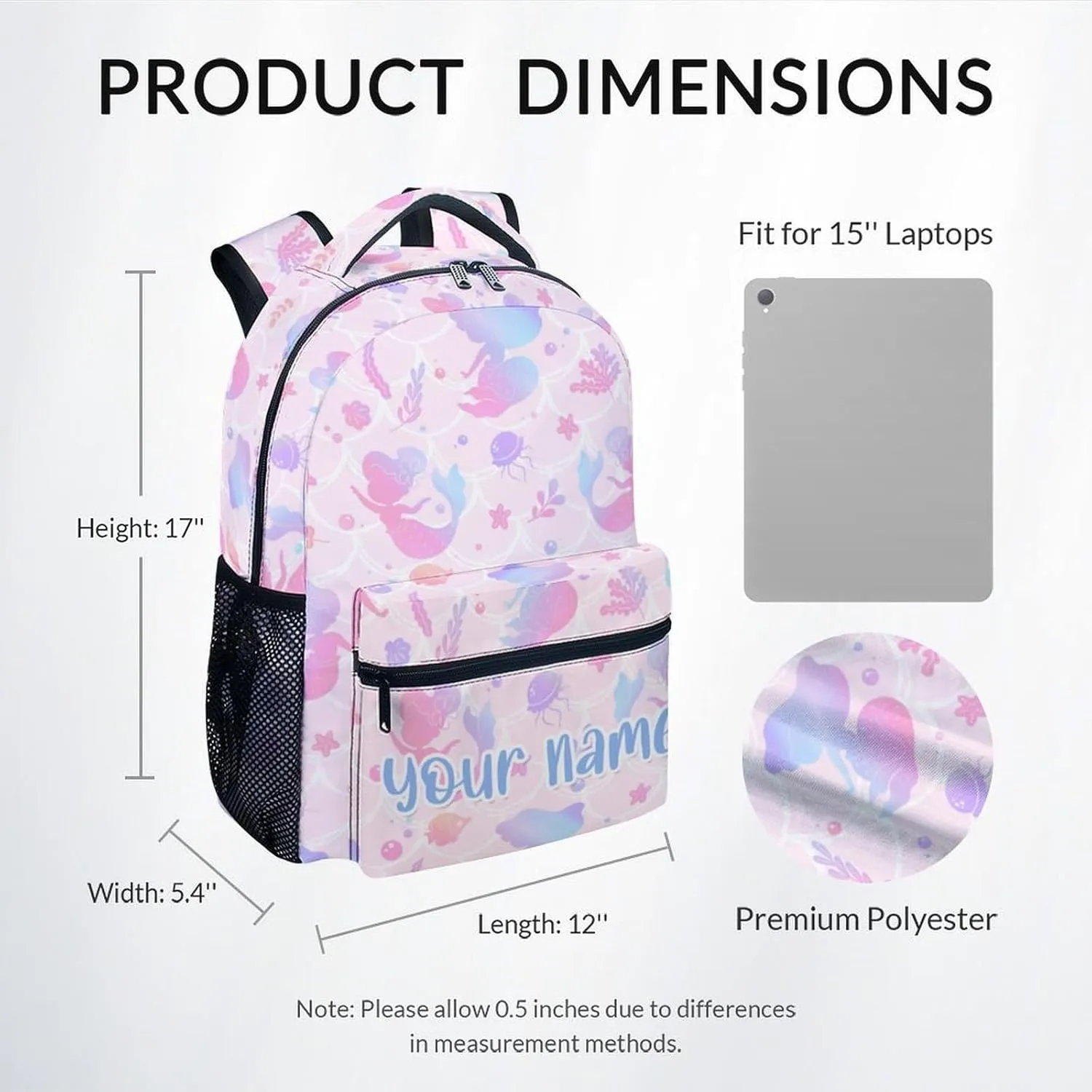 Personalized School Backpack for Girls - 17 Inch Large Capacity Aesthetic Kid Backpack - Pink Durable Mermaid Bookbag for School, Travel and Camp