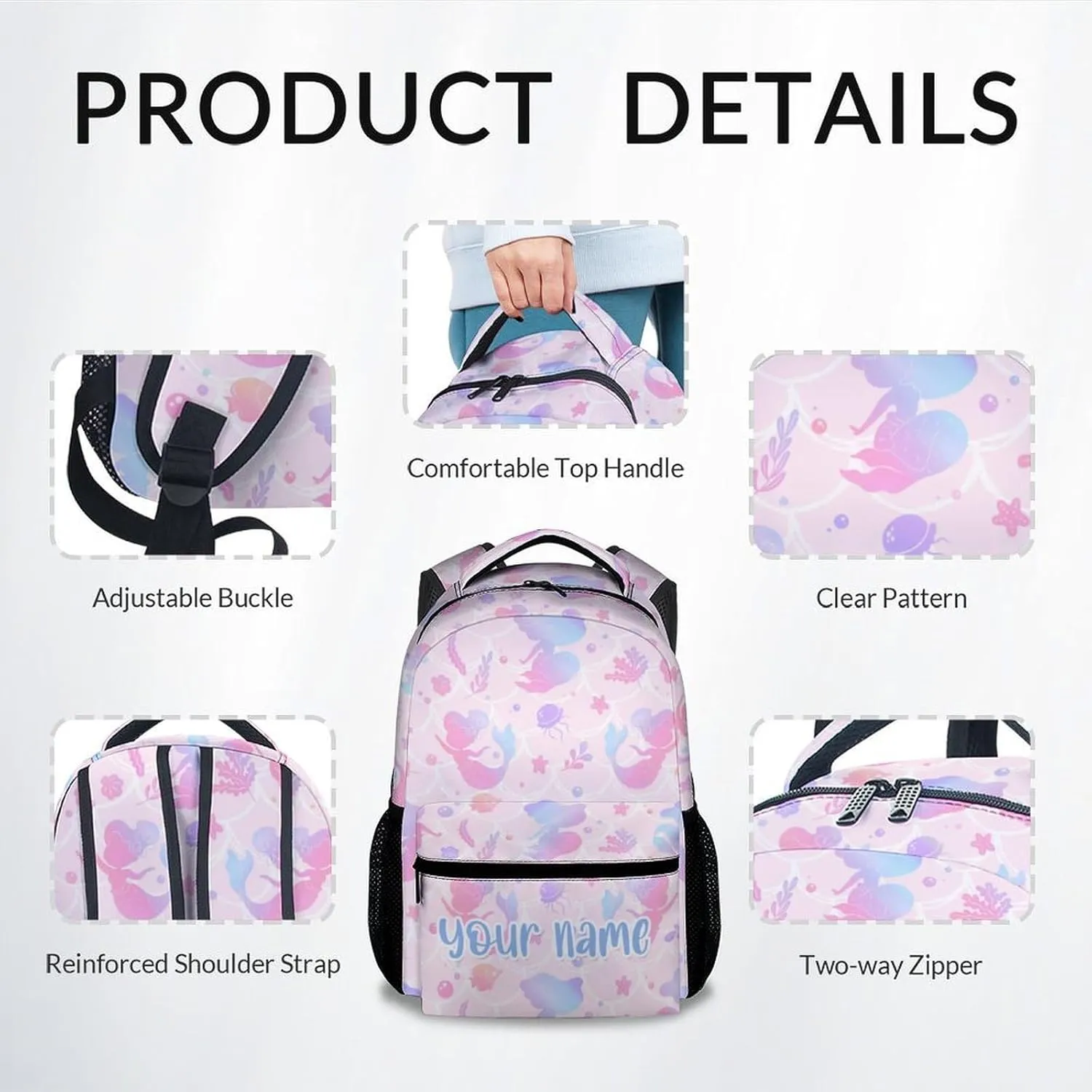Personalized School Backpack for Girls - 17 Inch Large Capacity Aesthetic Kid Backpack - Pink Durable Mermaid Bookbag for School, Travel and Camp