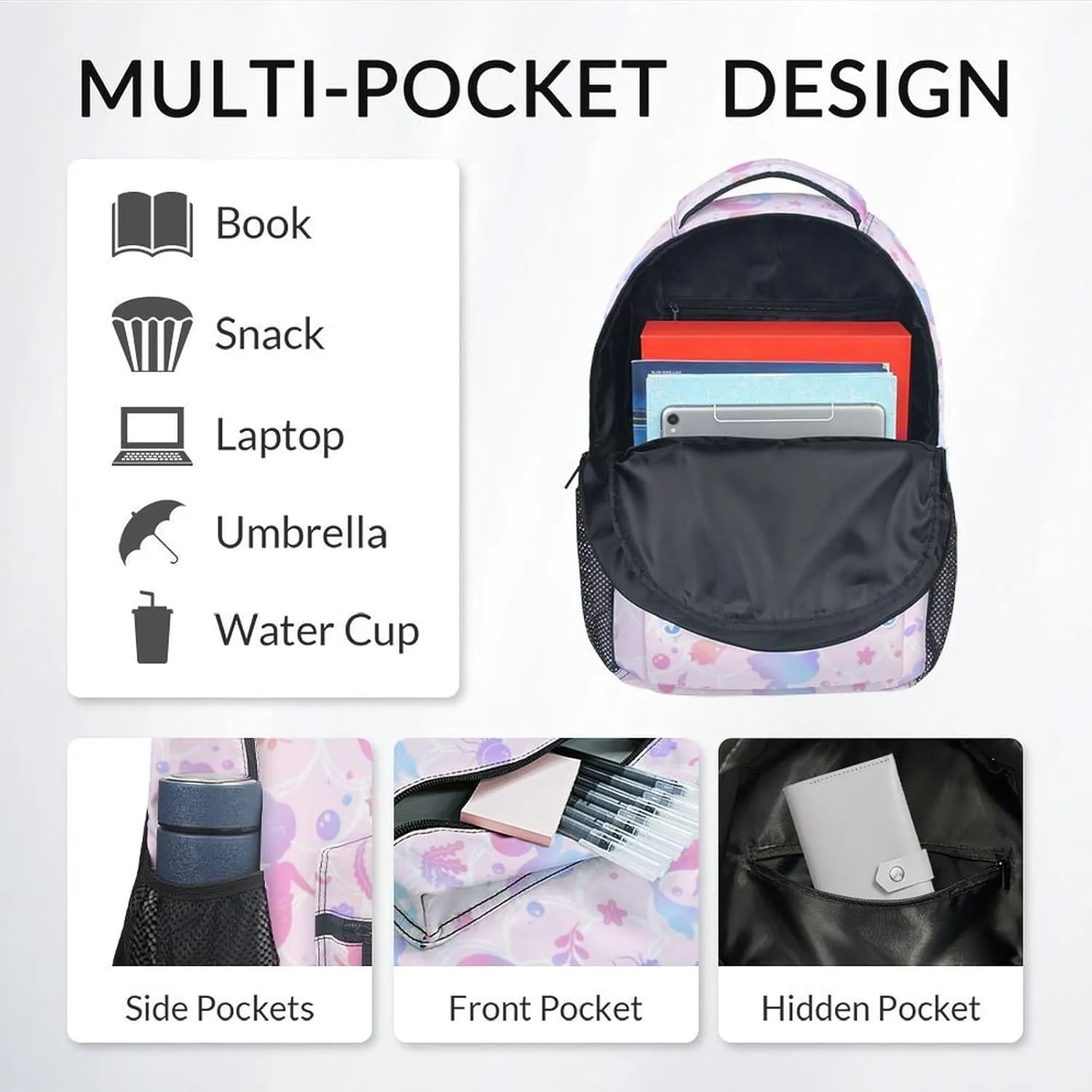 Personalized School Backpack for Girls - 17 Inch Large Capacity Aesthetic Kid Backpack - Pink Durable Mermaid Bookbag for School, Travel and Camp
