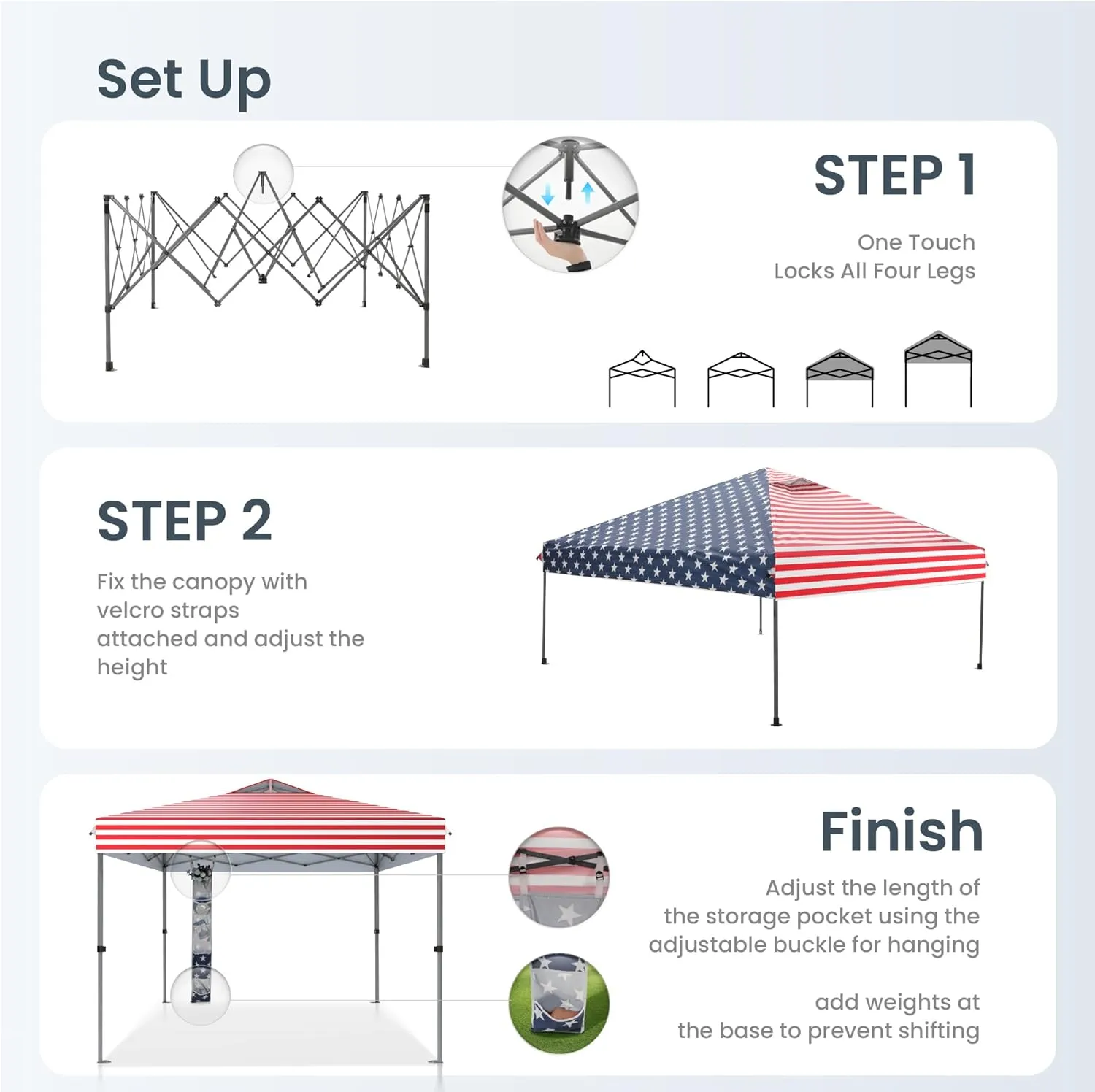 PHI VILLA 10’x10’ Pop Up Canopy Tent - One Push Setup, Instant Shade Tent with Vented Roof for Beach & Events - Includes Storage Bag, Sandbags, Stakes & Ropes (American Flag)