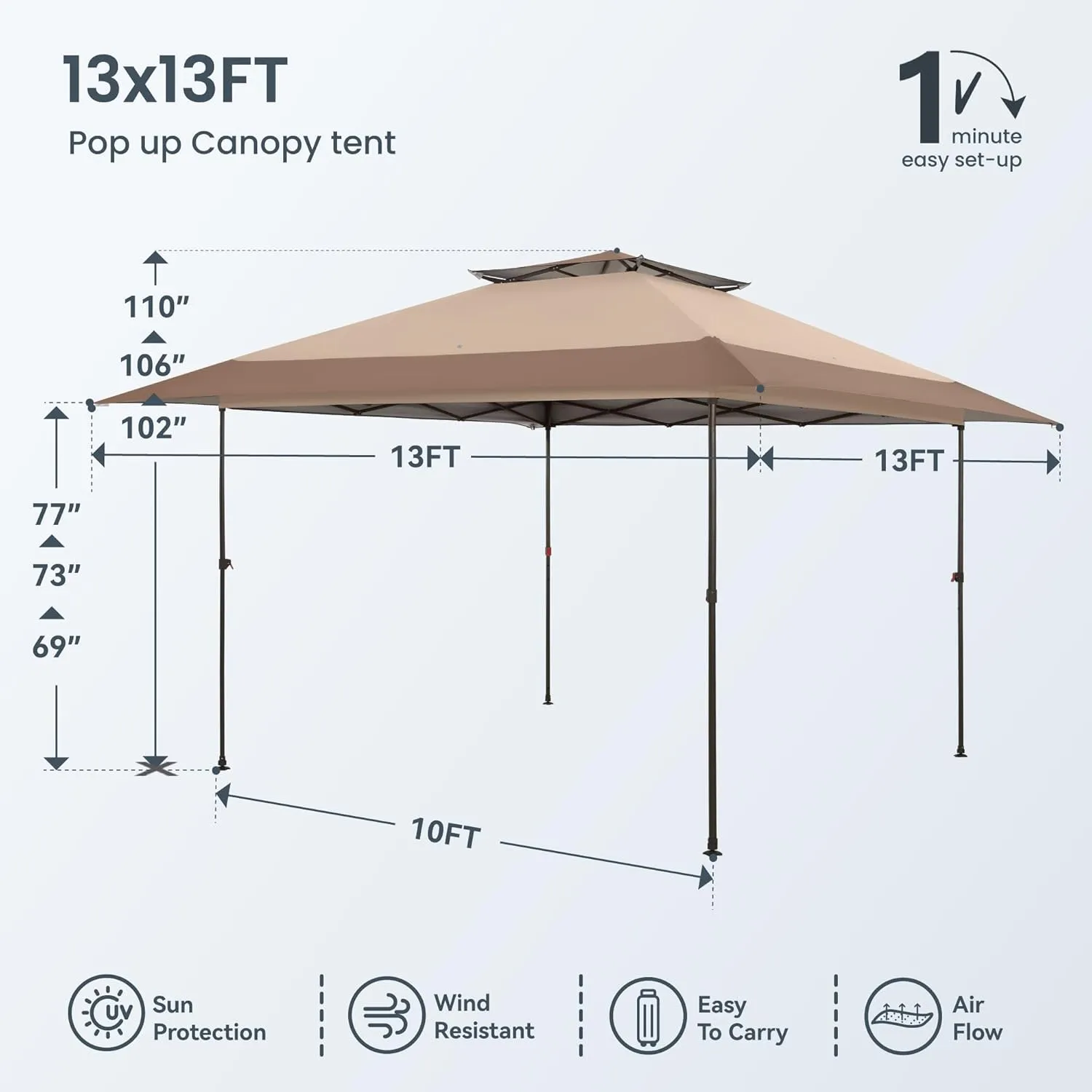 PHI VILLA 13x13 Pop Up Canopy Tent Instant Outdoor Canopy Easy One Push Tent Canopy with Wheeled Carry Bag, Straight Legs 169 Square Feet of Shade, Brown