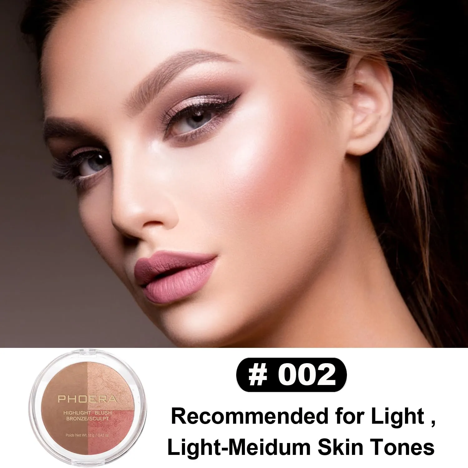 PHOERA Foundation, PHOERA Contour Palette,Shades with Highlighter & Bronzer & Blush,Up to 24 Hour Fresh Wear,PHOERA Concealer Primer Powder (102  #002 Contour/Nude #002)