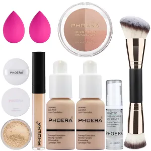 PHOERA Foundation, PHOERA Contour Palette,Shades with Highlighter & Bronzer & Blush,Up to 24 Hour Fresh Wear,PHOERA Concealer Primer Powder (102  #002 Contour/Nude #002)