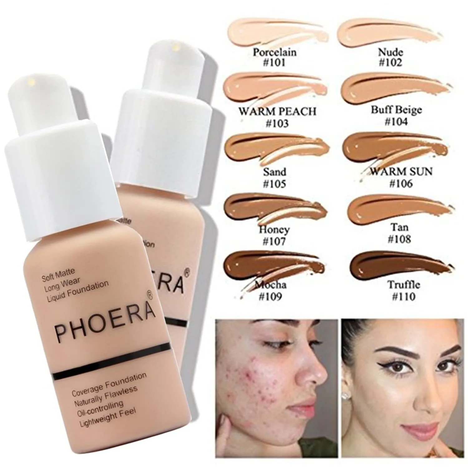 PHOERA Foundation, PHOERA Contour Palette,Shades with Highlighter & Bronzer & Blush,Up to 24 Hour Fresh Wear,PHOERA Concealer Primer Powder (102  #002 Contour/Nude #002)