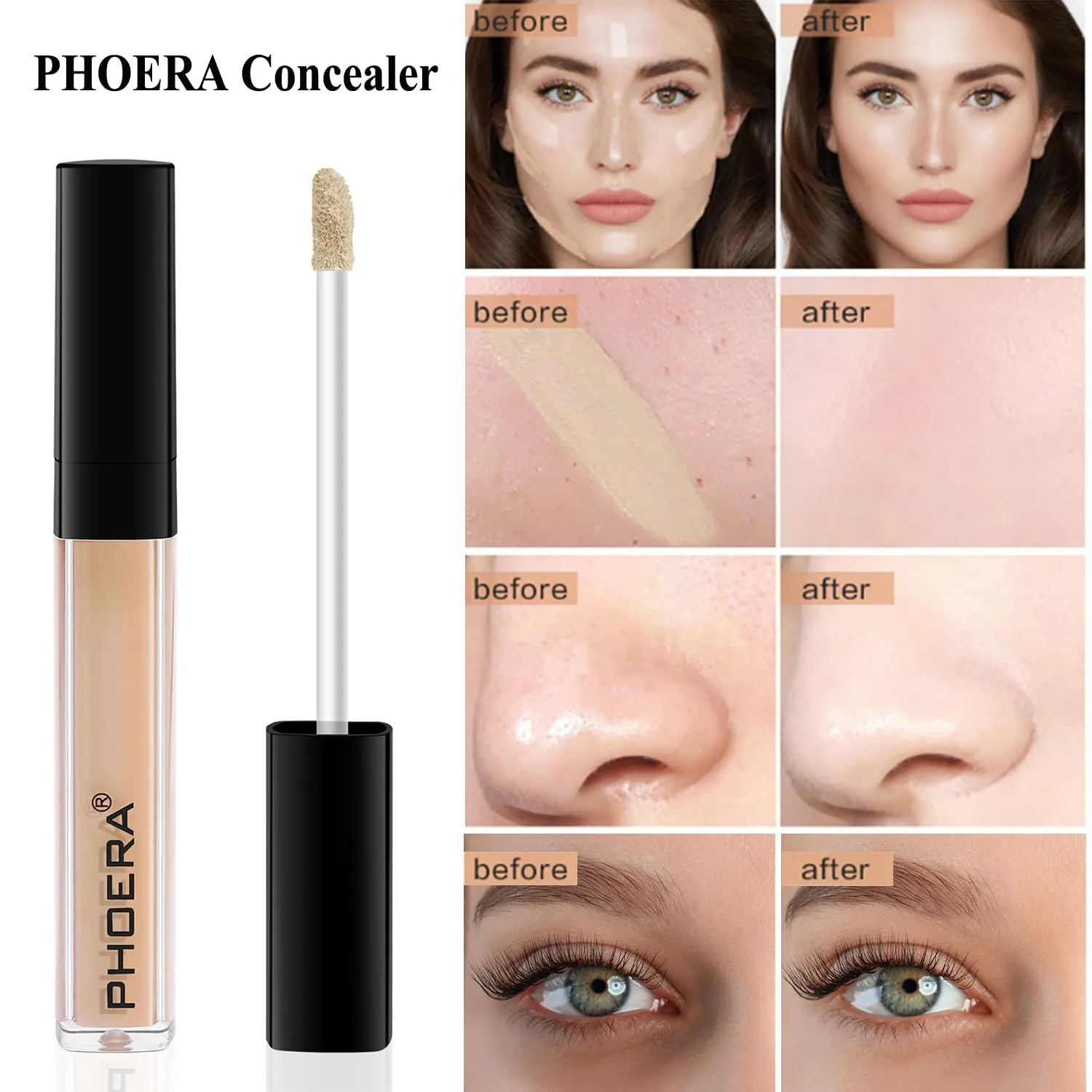 PHOERA Foundation, PHOERA Contour Palette,Shades with Highlighter & Bronzer & Blush,Up to 24 Hour Fresh Wear,PHOERA Concealer Primer Powder (102  #002 Contour/Nude #002)