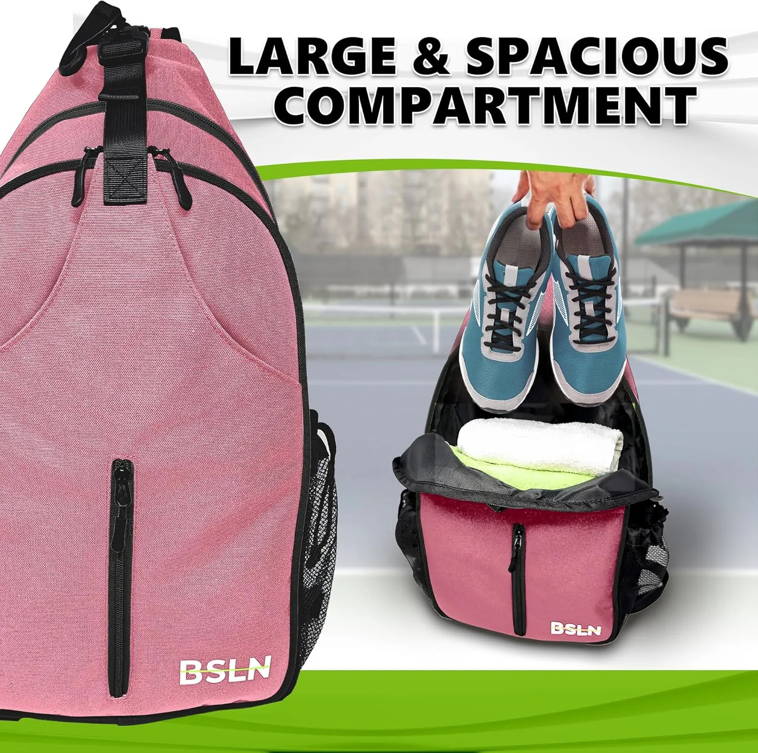 Pickleball Bag - Pickleball Bags for Women Men, Crossbody Sports Backpack – Adjustable Sling Bag with Hanging Fence Hook